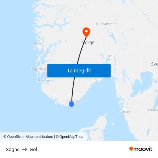 Søgne to Gol map