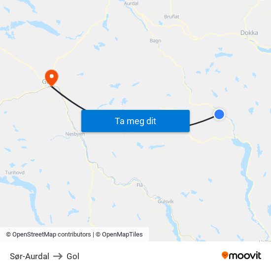 Sør-Aurdal to Gol map