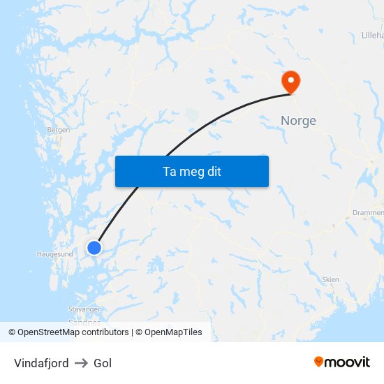 Vindafjord to Gol map
