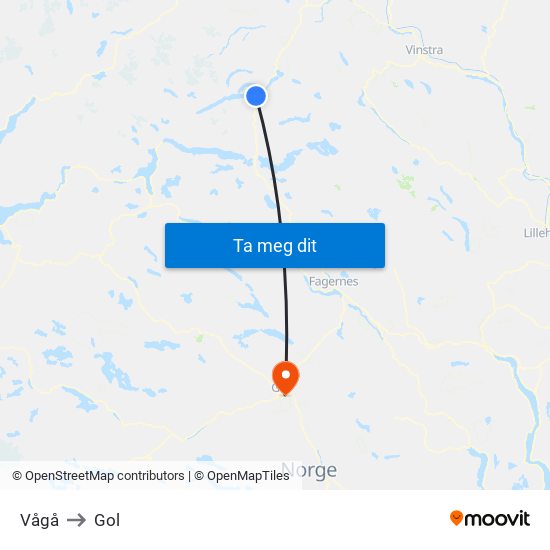 Vågå to Gol map