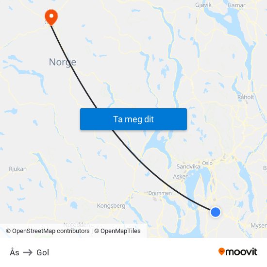 Ås to Gol map