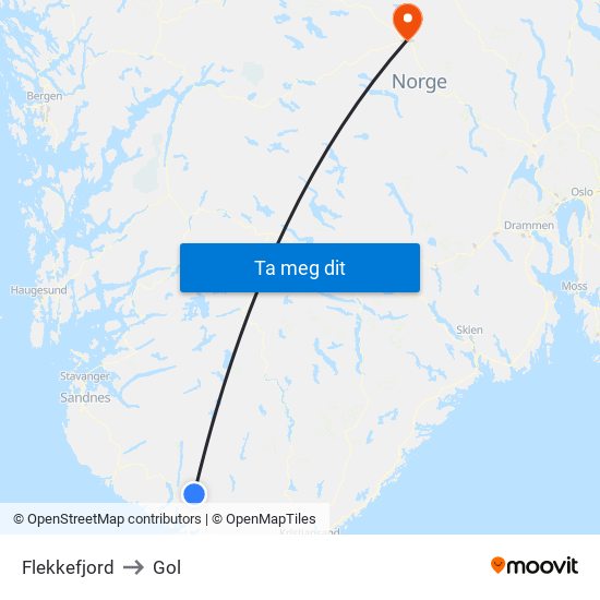 Flekkefjord to Gol map