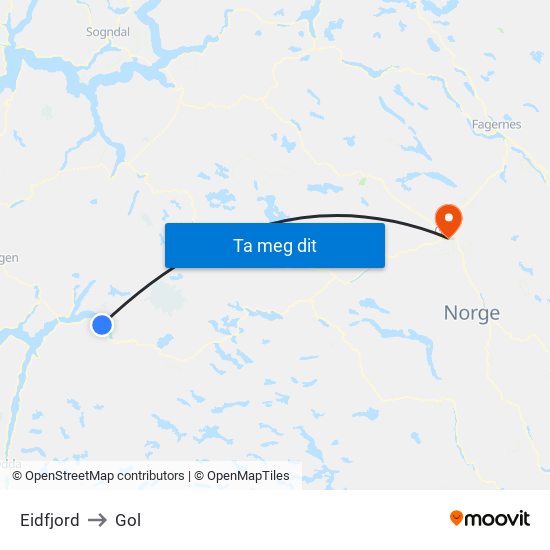 Eidfjord to Gol map