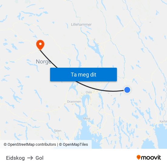 Eidskog to Gol map