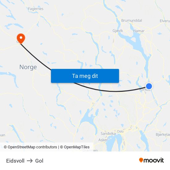 Eidsvoll to Gol map