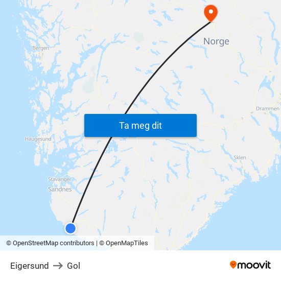Eigersund to Gol map