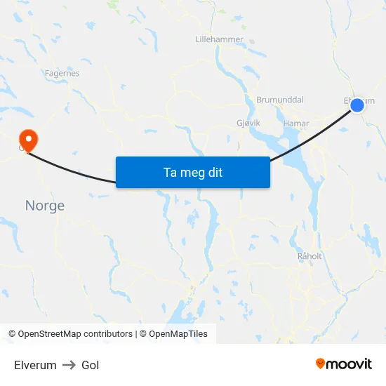 Elverum to Gol map