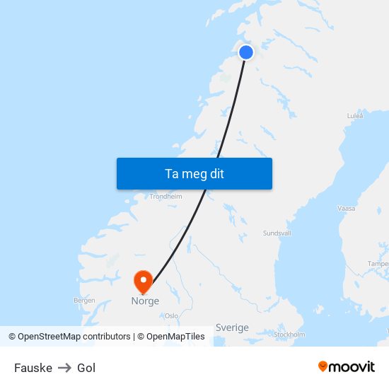 Fauske to Gol map