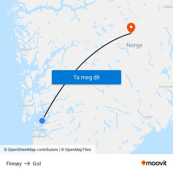 Finnøy to Gol map