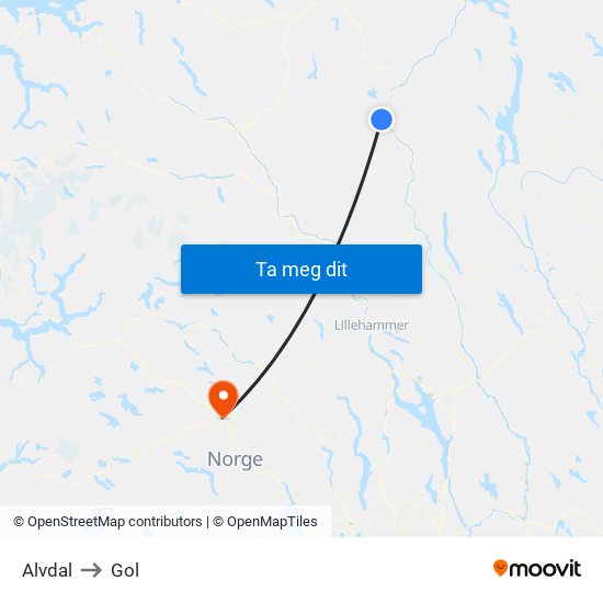 Alvdal to Gol map