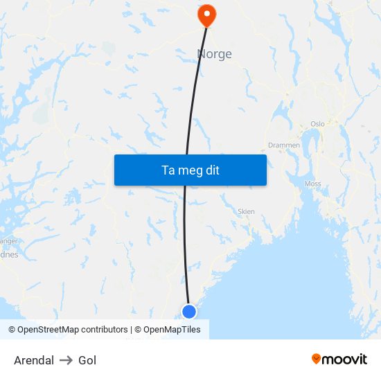 Arendal to Gol map