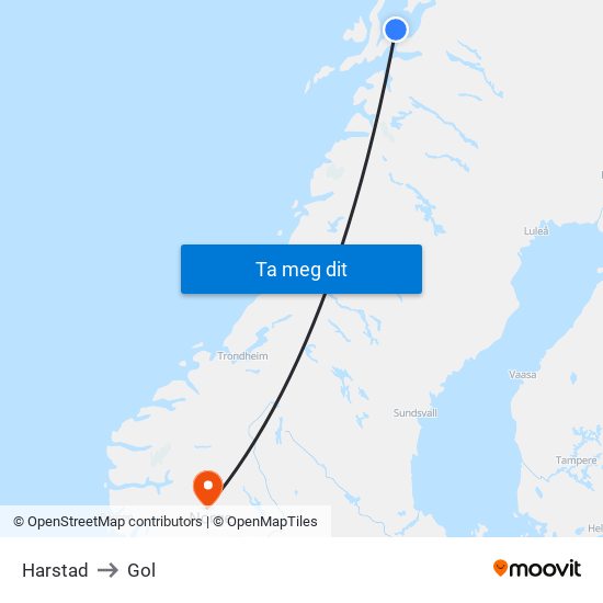 Harstad to Gol map