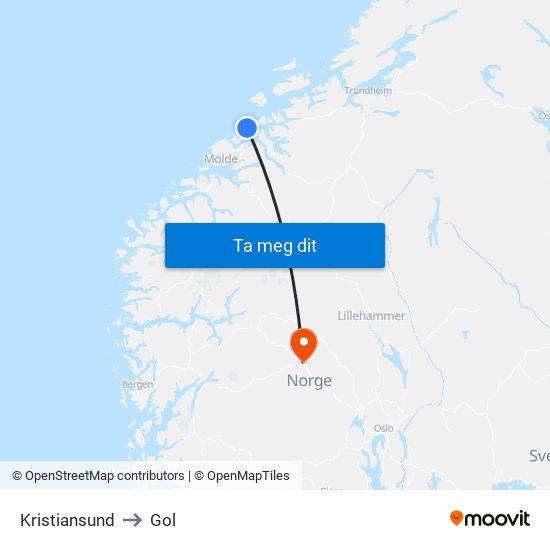 Kristiansund to Gol map