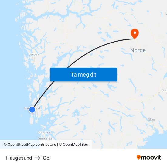 Haugesund to Gol map