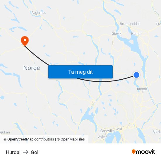 Hurdal to Gol map