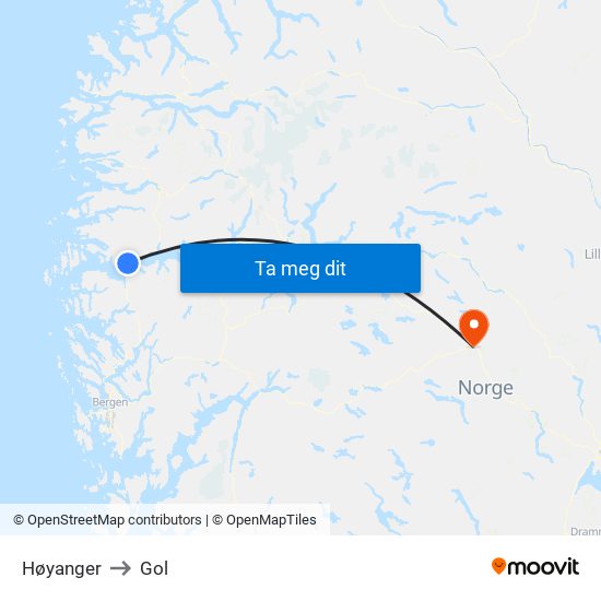 Høyanger to Gol map
