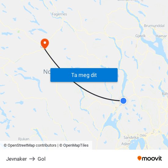 Jevnaker to Gol map