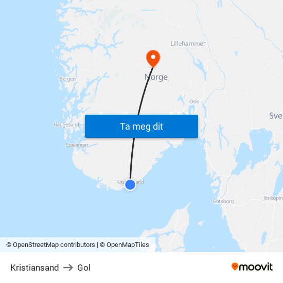 Kristiansand to Gol map