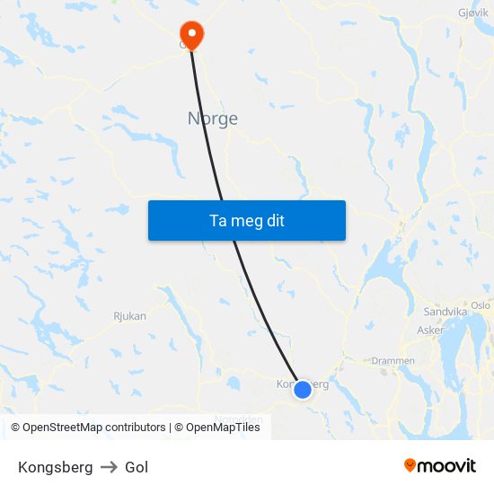 Kongsberg to Gol map
