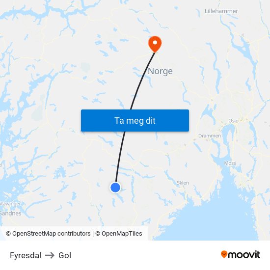 Fyresdal to Gol map