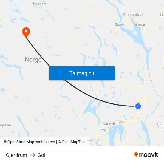 Gjerdrum to Gol map