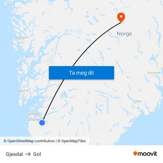 Gjesdal to Gol map