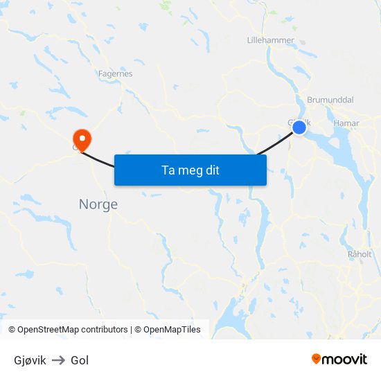 Gjøvik to Gol map