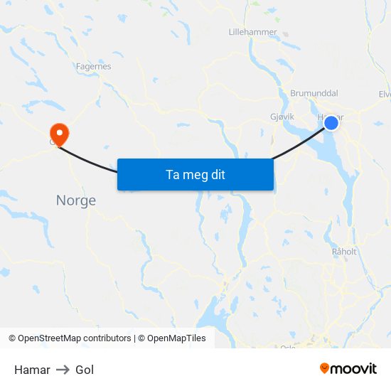 Hamar to Gol map
