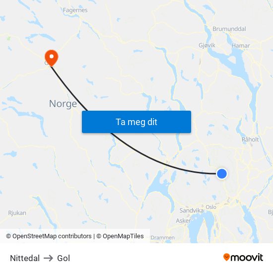 Nittedal to Gol map