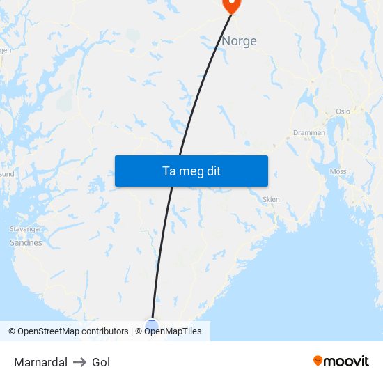 Marnardal to Gol map