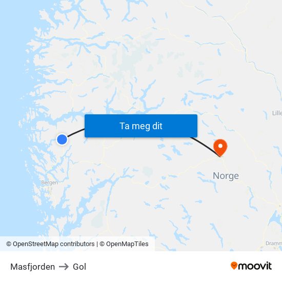 Masfjorden to Gol map