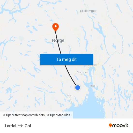 Lardal to Gol map