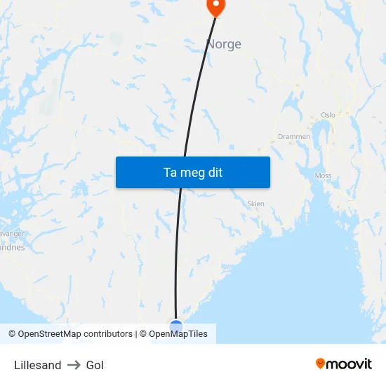 Lillesand to Gol map