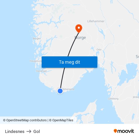 Lindesnes to Gol map