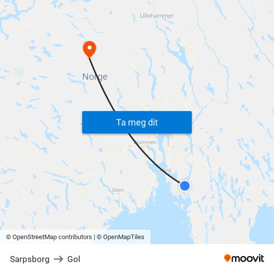 Sarpsborg to Gol map