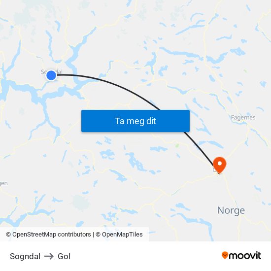 Sogndal to Gol map