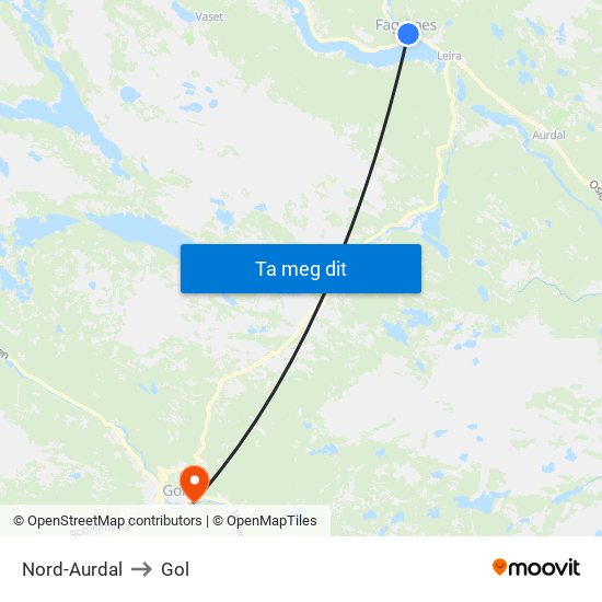 Nord-Aurdal to Gol map