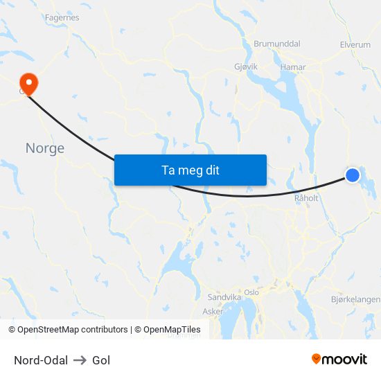 Nord-Odal to Gol map