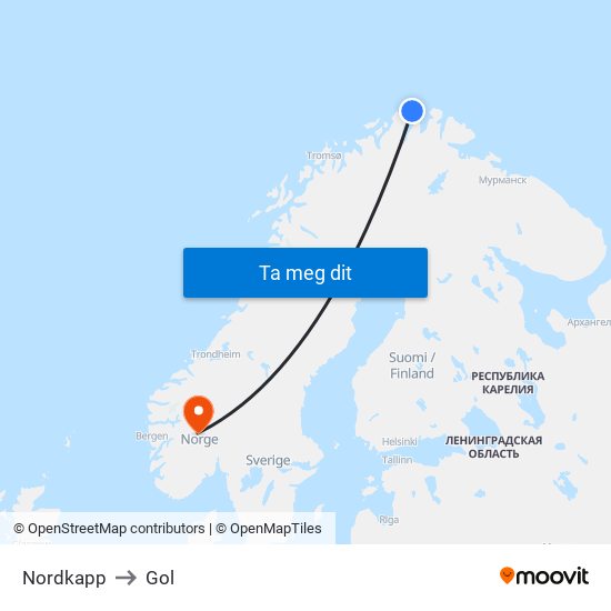 Nordkapp to Gol map