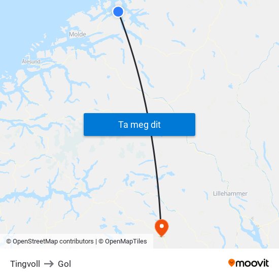 Tingvoll to Gol map