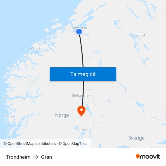 Trondheim to Gran map