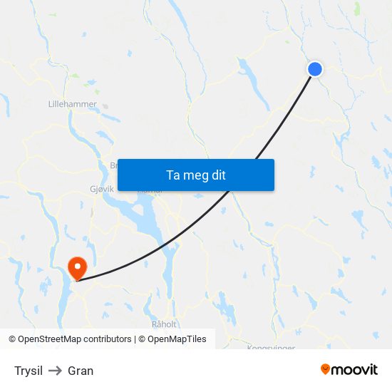 Trysil to Gran map