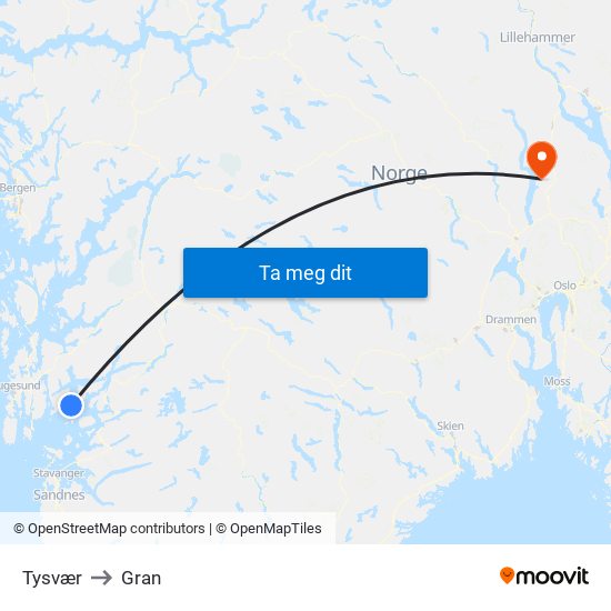 Tysvær to Gran map