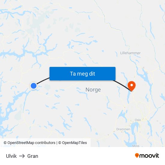 Ulvik to Gran map