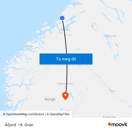 Åfjord to Gran map