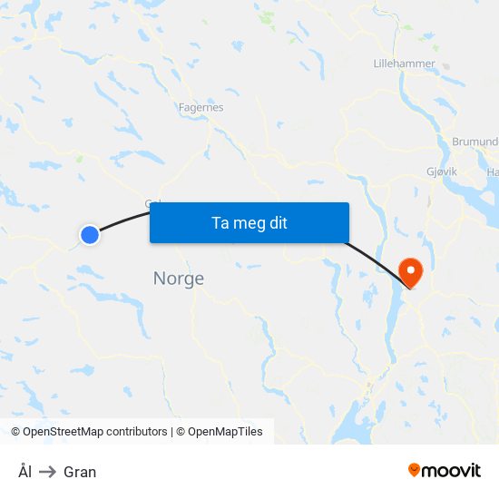 Ål to Gran map