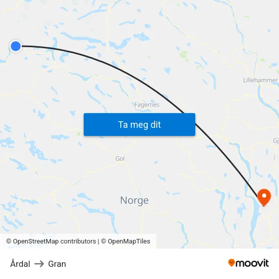 Årdal to Gran map