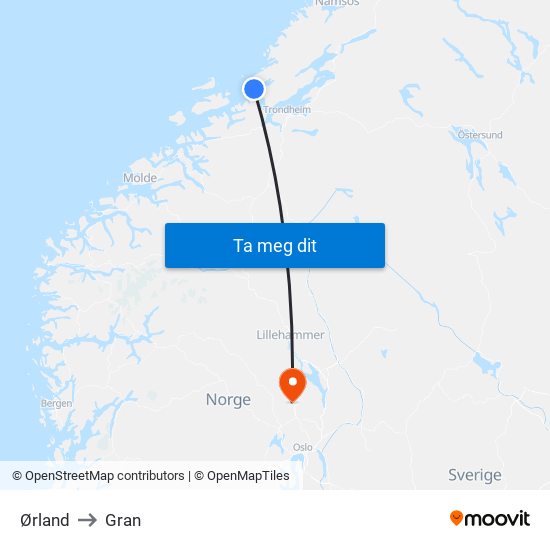 Ørland to Gran map