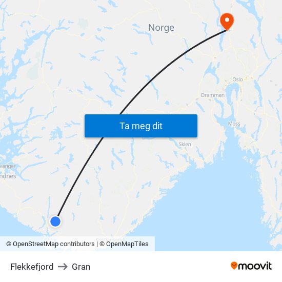 Flekkefjord to Gran map