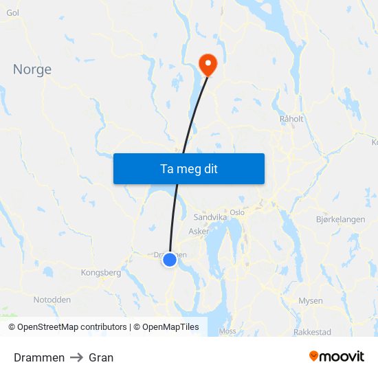 Drammen to Gran map